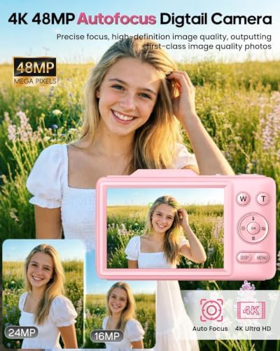 Digital Camera 4K for Kids-48MP Autofocus Vlogging Camera with 32GB Card, 16X Zoom, Anti-Shake, Compact Point and Shoot Camera for Teens Beginners, Birthday Gift Pink - Image 5