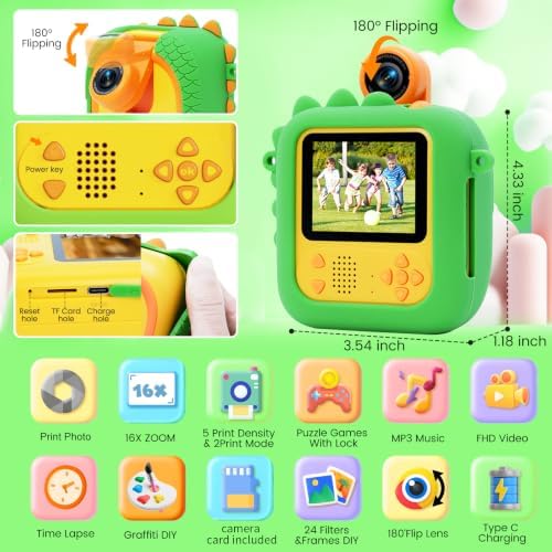 ARNSSIEN Kids Instant Print Camera for Toddlers 1080P 2.4in+180° Flip Lens - Image 2