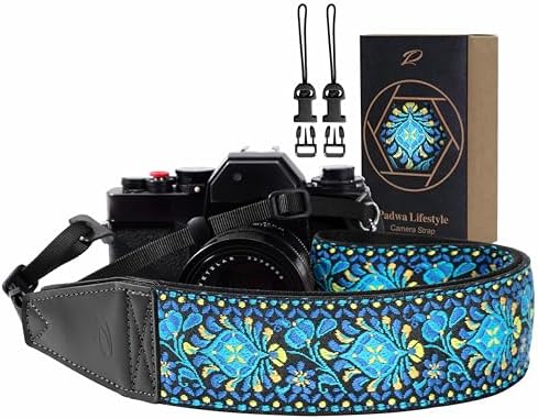 Padwa Lifestyle Camera Strap - 2" Full Grain Leather Ends Camera Straps for Photographers, Vintage Embroidered Cotton Weave Soft Suede Fabric Padded Strap Quick Release fits All Cameras by PadwaLifestyleCameraStrap