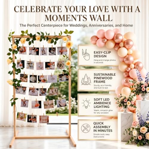 47 Inch Photo Display Stand Wooden with String Lights & 50 Clips - Sturdy Floor Standing Picture Stands, Hanging Photo Display Board for Wedding Reception, Party & Graduation Decorations 2026 (Natural Pine) - Image 3