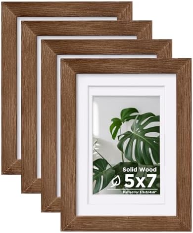 Egofine 5x7 Picture Frames Set of 4, Made of Solid Wood Covered by Plexiglass 3.5x5 and 4x6 with Mat or 5x7 without Mat, for Table Top Display and Wall Mounting Photo Frame,Walnut Brown by Egofine