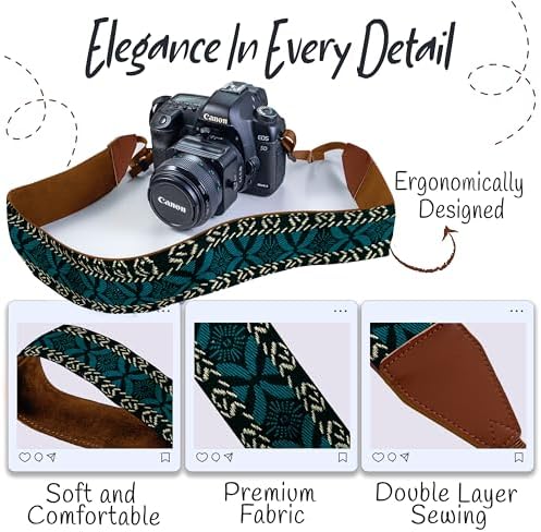 Art Tribute Camera Strap - Shoulder, Crossbody & Neck Camera Strap for Photographers, Fits All Cameras, Canon Nikon Sony Fujifilm, Padded Strap W/Quick Release, Embroidered Cotton & Leather Ends - Image 3