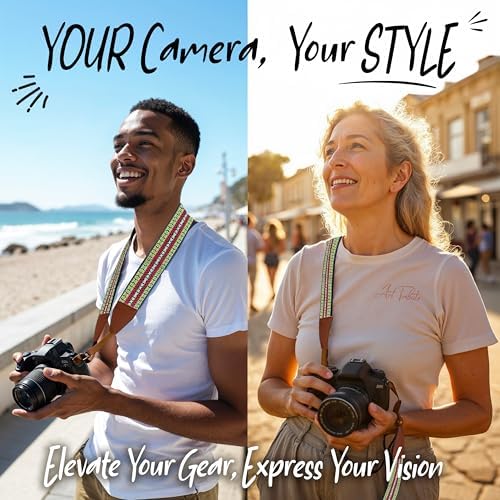 Art Tribute Camera Strap - Shoulder, Crossbody & Neck Camera Strap for Photographers, Fits All Cameras, Canon Nikon Sony Fujifilm, Padded Strap W/Quick Release, Embroidered Cotton & Leather Ends - Image 2