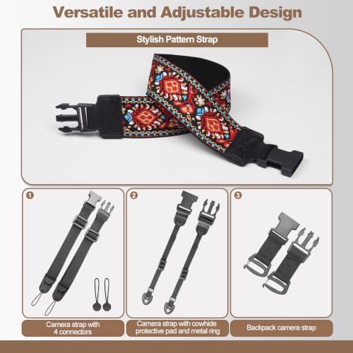 Adjustable Camera Neck Strap, Vintage Embroidered Shoulder & Crossbody Camera Strap with 4 Connection Ways, Anti-Slip Camera Strap for DSLR, Mirrorless & Camcorder, Travel & Outdoor Photography Gear - Image 4