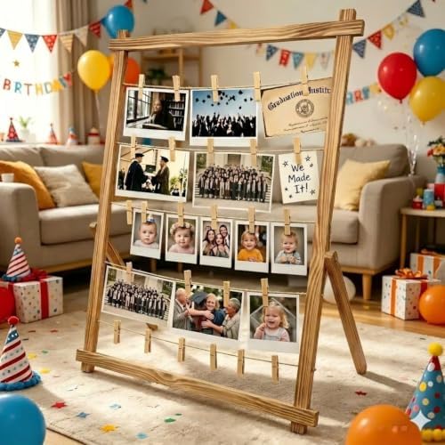 2026 Graduation Decorations Freestanding Wooden Photo Display Board with Clips - Class of 2026 Graduation Centerpiece Table Decorations,Large Picture Frame Collage Holds 30+ Photos (Carbonized Brown) - Image 4