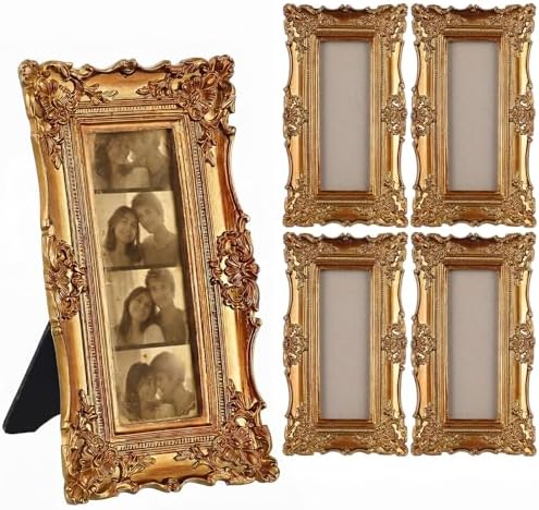 Wonderjune 4 Pack 2 x 6 Inch Vintage Gold Photo Booth Frames, Photo Booth Frames Antique Ornate Resin Frame with Glass Front, Tabletop & Wall Display for Wedding Party Decor by Wonderjune