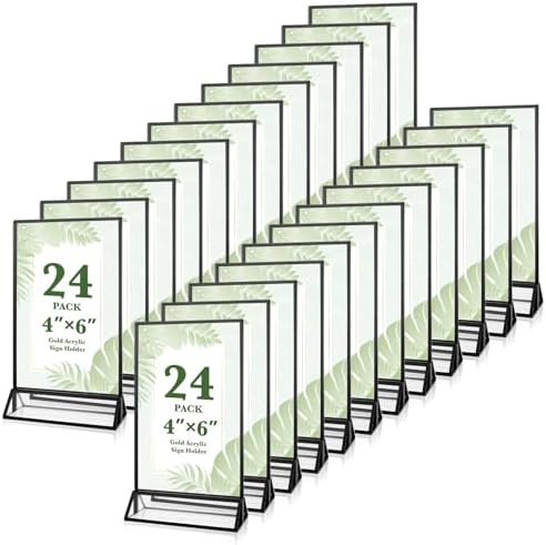 24 Pack 4x6 Inch Acrylic Sign Holders, Clear Picture Frame Stands Black by ALFFUN