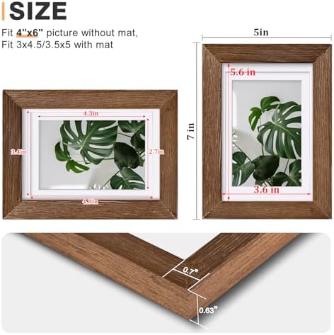 Egofine 4x6 Picture Frames Set of 4, Made of Solid Wood Covered by Plexiglass 3x4.5 and 3.5x5 with Mat or 4x6 without Mat, for Table Top Display and Wall Mounting Photo Frame,Walnut Brown - Image 3