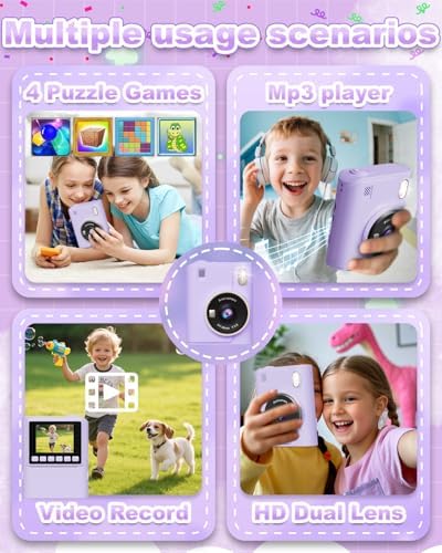 Instant Print Camera for Kids, Christmas Birthday Gifts for 4 5 6 7 8 9 10 Year Old Girls Boys, Portable Toy with 4 Rolls Printing Paper, Purple - Image 3