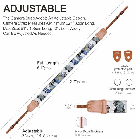 Padwa Lifestyle Blue Crane Camera Strap - 2" Cowhide Leather Head Cotton Camera Straps for Photographers,Vintage Japanese Art Print Adjustable Neck & Shoulder Strap for ALL DSLR/SLR Cameras - Image 6