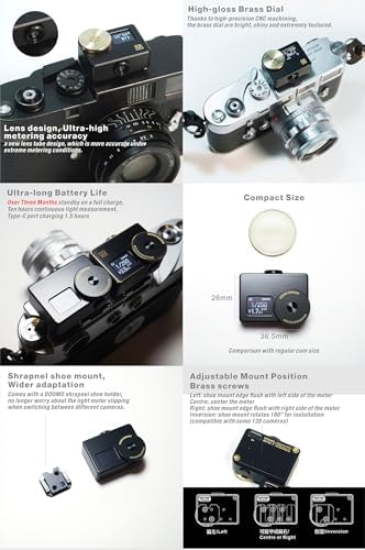 OLED Light Meter, Meter S Brass Version, New Screen Design, Real-time Metering and One-Button Metering for Vintage Cameras (All Black) - Image 4