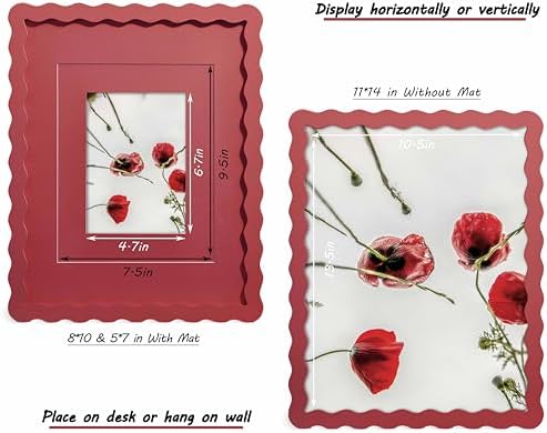 11x14 Red Picture Frame with Mat for 8x10/5x7, Curved Wavy Edge Deco Wooden Real Glass, Vertical or Horizontal Display Photo Gallery Wall & Tabletop Frame - Image 3