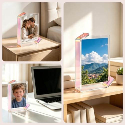 4x6inch L Shaped Acrylic Picture Frame, 2 Pack Double Sided Floating Photo Stand for Tabletop, Horizontal Vertical Display Holder Home Office Decor Family Wedding Anniversary, Iridescent - Image 7