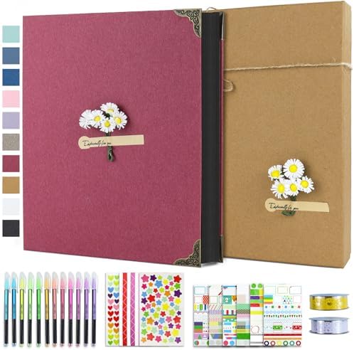 Vienrose DIY Scrapbook Photo Album Kit with Stickers, Pens, Tapes, 60 Pages Hardcover Memory Book, 8.5x11 Inch 3 Ring Binder with Black Pages, Guest Book Gift for Wedding, Travel & Anniversary Red by Vienrose
