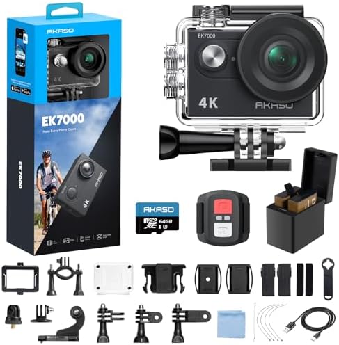 AKASO EK7000 4K30FPS 20MP WiFi Action Camera with 64GB MicroSD Memory Card Bundle EIS Ultra HD 131FT Waterproof Underwater Camera Remote Control 4X Zoom Support External Microphone Black by AKASO