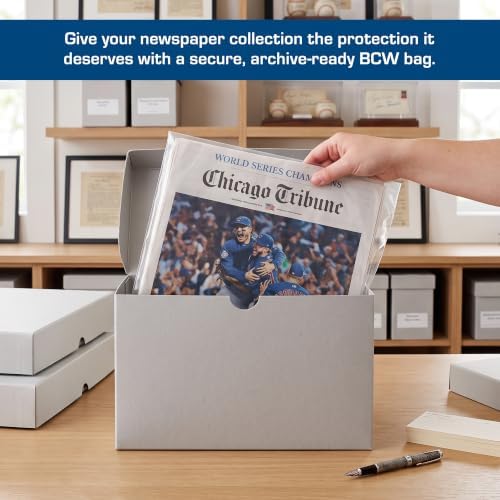 BCW Newspaper Bags – 100ct | Acid-Free Newspaper Protector Sleeves | 13 3/8" x 11 7/8" | 1½" Fold-Over Flap Closure | Clear Archival Newspaper Storage Bags - Image 6