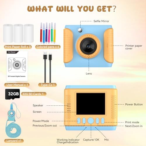 Kids Instant Print Camera,Christmas Birthday Gifts for Girls and Boys,1080P HD Video Digital Kids Camera with Print Paper&32G Card,Toddler Toy for 3-14 Years Old (Blue) - Image 6