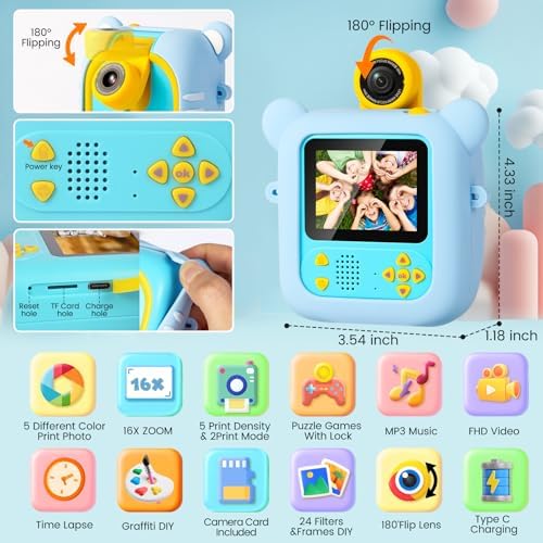 ARNSSIEN Kids Instant Print Camera for Toddlers 1080P 2.4in+180° Flip Lens - Image 2