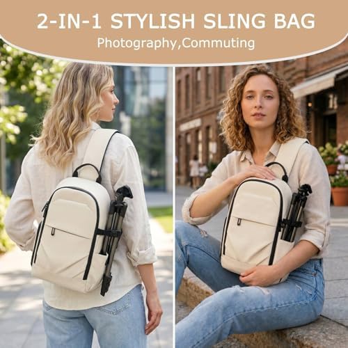 TAAOKA Camera Sling Bag for Photographe – Waterproof Crossbody Camera Bag with Fast Access Pockets, DSLR Cute Camera Bag for Nikon/Sony/Canon (Beige) - Image 6