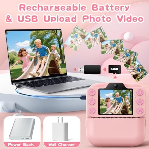 Kids Instant Camera with 64GB SD Card, Portable Digital Camera Toy for Girls and Boys Ages 3-12, Toddler Christmas and Birthday Gift for 3 4 5 6 7 8 9 10 Year Old Kids (Blue) (Pink) - Image 6