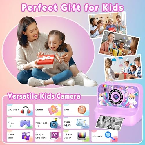 Kids Camera, Upgrade Kids Camera Instant Print, Front Rear Dual Selfie Digital CAM with 1080P Videos, Portable Travel Toy with Games and Music, Christmas Birthday Gift for Boys, Girls and Teens - Image 2