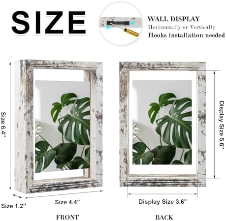 Egofine Distressed White 4x6 Floating Frames Set of 2, Double Plexiglass Picture Frame, Made of Solid Wood Display Any Size Photo up to 4x6, Wall Mount or Tabletop Standing - Image 2
