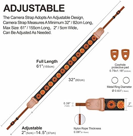 Padwa Lifestyle Hollow Crochet Orange Daisy Camera Strap - Double Layer Cowhide Ends,2" Cotton Vintage Camera Straps, Adjustable Neck Shoulder Strap for All DSLR Cameras,Great Gift for Photographers - Image 4