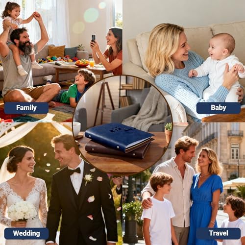 Vintage PU Leather DIY Scrapbook, 6-Ring Refillable 180° Lay Flat Photo Album Holds 220 4x6 Photos, 25 Blank Pages, Gift for Wedding Baby Travel Family - Blue - Image 7