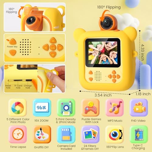 ARNSSIEN Kids Instant Print Camera for Toddlers 1080P 2.4in+180° Flip Lens - Image 2