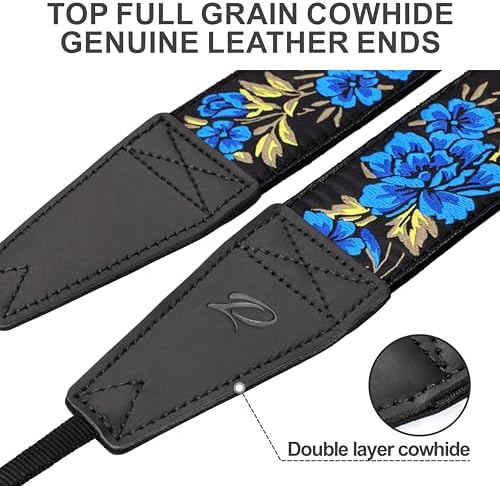 Padwa Lifestyle Blue Rose Camera Strap - 2" Full Grain Leather Ends Camera Straps for Photographers, Vintage Embroidered Cotton Soft Suede Fabric Padded Strap Quick Release fits All Cameras - Image 2