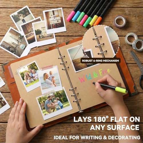 Vintage PU Leather DIY Scrapbook, 6-Ring Refillable 180° Lay Flat Photo Album Holds 220 4x6 Photos, 25 Blank Pages, Gift for Wedding Baby Travel Family- Brown - Image 7