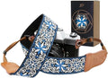 Padwa Lifestyle Blue Floral Camera Strap - 2" Cowhide Head Camera Straps for Photographers,Vintage Jacquard Embroidery Woven Cotton Adjustable Shoulder Neck Straps for Cameras,Binoculars by PadwaLifestyleCameraStrap