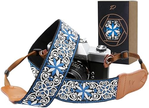 Padwa Lifestyle Blue Floral Camera Strap - 2" Cowhide Head Camera Straps for Photographers,Vintage Jacquard Embroidery Woven Cotton Adjustable Shoulder Neck Straps for Cameras,Binoculars by PadwaLifestyleCameraStrap