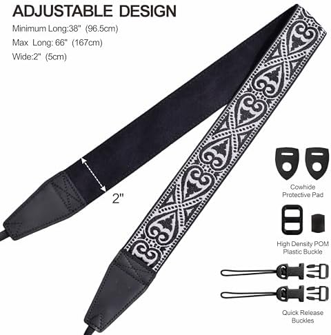 Padwa Lifestyle Camera Strap - 2" Full Grain Leather Ends Camera Straps for Photographers, Vintage Silver Embroidered Cotton Weave Soft Suede Fabric Padded Strap Quick Release fits All Cameras - Image 6