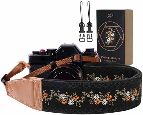 Padwa Lifestyle Camera Strap - 2" Full Grain Leather Ends Camera Straps for Photographers, Vintage Embroidered Cotton Weave Soft Suede Fabric Padded Strap Quick Release fits All Cameras by PadwaLifestyleCameraStrap
