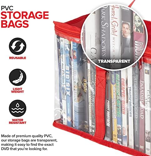 Stock Your Home DVD Storage Bags (Set of 6) Media Organizer Bag for DVDs, CDs, Blu Ray Disc, Movie Cases, VHS Box, Video Game Disks, Clear Plastic Holders with Carrying Handles and Zipper - Red - Image 3