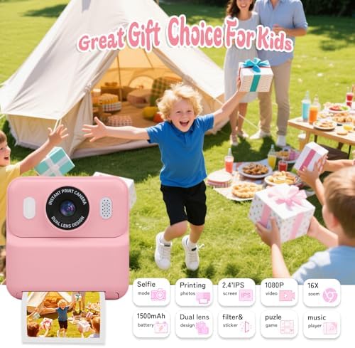 Kids Instant Print Camera,32GB Card, Dual Lens 1080P HD Video Camera for Boys Girls, Thermal Print Toy Camera, 16X Zoom, 2.4" IPS Screen, Puzzle Games, Christmas Birthday Gift for Kids 3-12 (Pink) - Image 2