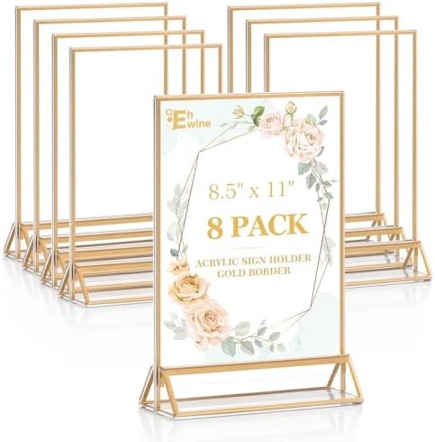 EHWINE 8 Pack Acrylic Sign Holder 8.5 x 11, Gold Double-Sided Display Stand by EHWINE