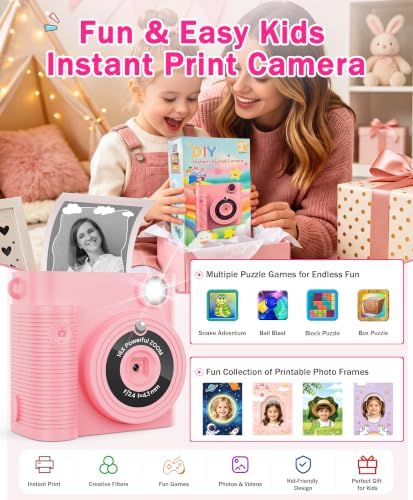 Kids Instant Print Camera Ages 3-12 1080P Selfie 2.4" Screen 32GB Gift Pink - Image 2