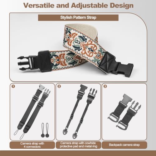 Adjustable Camera Neck Strap, Vintage Embroidered Shoulder & Crossbody Camera Strap with 4 Connection Ways, Anti-Slip Camera Strap for DSLR, Mirrorless & Camcorder, Travel & Outdoor Photography Gear - Image 4