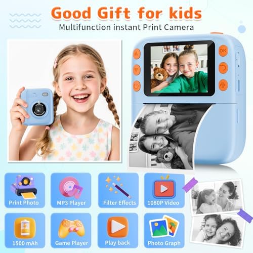 Instant Print Camera for Kids, Christmas Birthday Gifts for Girls Boys, 1080P Instant Digital Print Cameras for Toddler,Portable Toy for 4 5 6 7 8 9 10 Year Old Girl with 32GB SD Card，Light Blue - Image 2