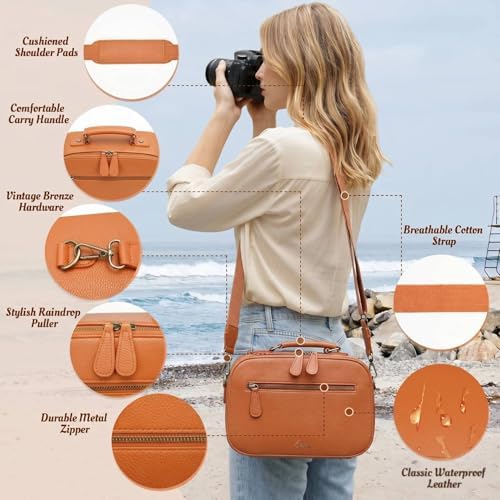 Camera Sling Bag, Waterproof PU Leather Crossbody Camere Bag for Photographers, Small Shockproof Case with Removable Dividers for DSLR/SLR/Mirrorless, 4L Brown - Image 4