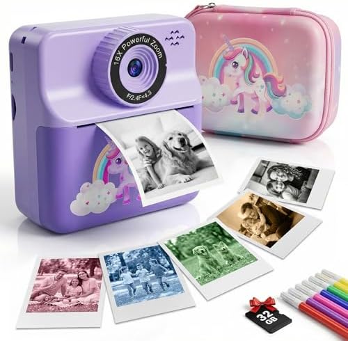 Kids Camera Instant Print with Carrying Case, Digital Selfie Camera with 6 Rolls Print Paper, 5 Monochrome Colors, 32GB SD Card, Portable Toddler Camera for Girls 3-12, Christmas Birthday Gift by Beinhome