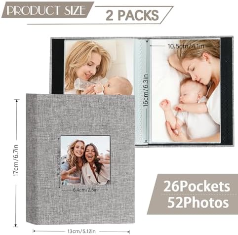 Artmag Mini Photo Album 4x6 50 Pockets 2 Pack, Linen Cover with Front Window Album Each Holds 52 Vertical Photos for Family Wedding Baby Children (Grey) - Image 2