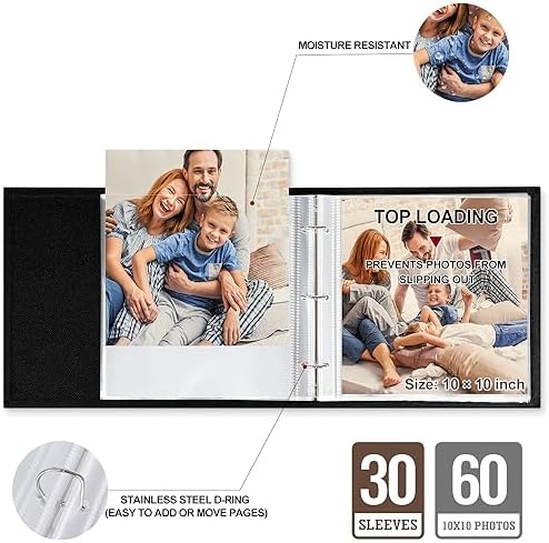 Lanpn 10x10 inch Scrapbook Photo Album, Linen Cover Archival Acid Free Top Load 3 Ring Folder Binder Photo Book 10 x 10 with 30 Plastic Sleeves 60 Pages (Beige) - Image 4