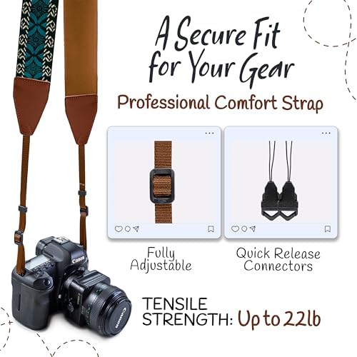 Art Tribute Camera Strap - Shoulder, Crossbody & Neck Camera Strap for Photographers, Fits All Cameras, Canon Nikon Sony Fujifilm, Padded Strap W/Quick Release, Embroidered Cotton & Leather Ends - Image 4