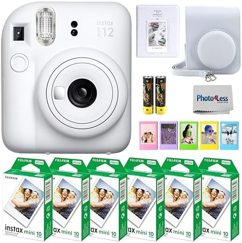 Fujifilm Instax Mini 12 Instant Camera Bundle with Fujifilm Instax Mini Instant Film Value Pack (60 Sheets) with Accessories Including Protective Case, Strap, Photo Album (Clay White) by FUJIFILM