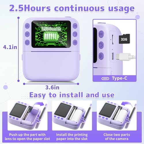 Instant Print Camera for Kids, Christmas Birthday Gifts for Girls Boys, 1080P Instant Digital Print Cameras for Toddler,Portable Toy for 4 5 6 7 8 9 10 Year Old Girl with 32GB SD Card，Purple - Image 6