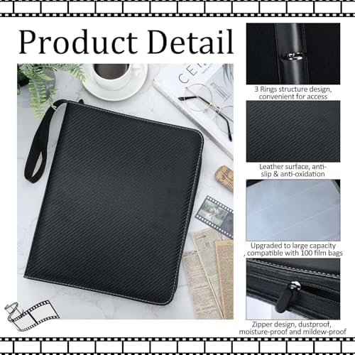 Feifeiya 1 Pack Acid Free Film Protector Storage Box 3 Ring Film Negative Sleeves Binder Preservers Portfolio Folder for Artwork Leather Storage Zipper Binder Box for 120 and 135 35 mm Negative - Image 3