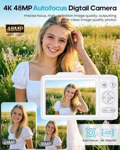 Digital Camera 4K Autofocus Vlogging Camera for Photography with 16X Zoom Anti Shake, 32GB Card, 48MP Compact Portable Point and Shoot Camera Gift for Kids Boys Girls Beginner（White） - Image 5